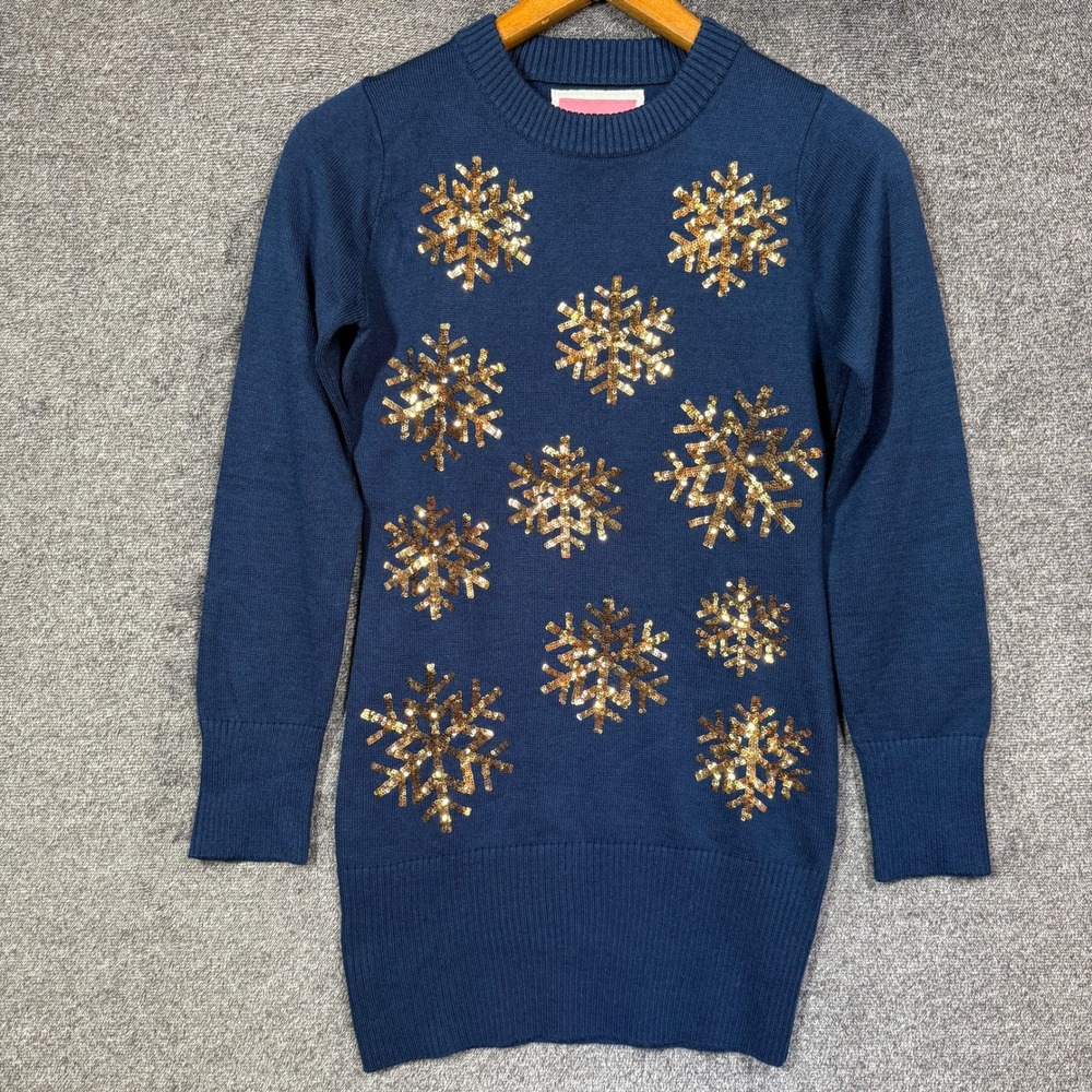 Tipsy Elves Sweater Dress Womens XS Navy Blue Gold Sequin Snowflake Holiday